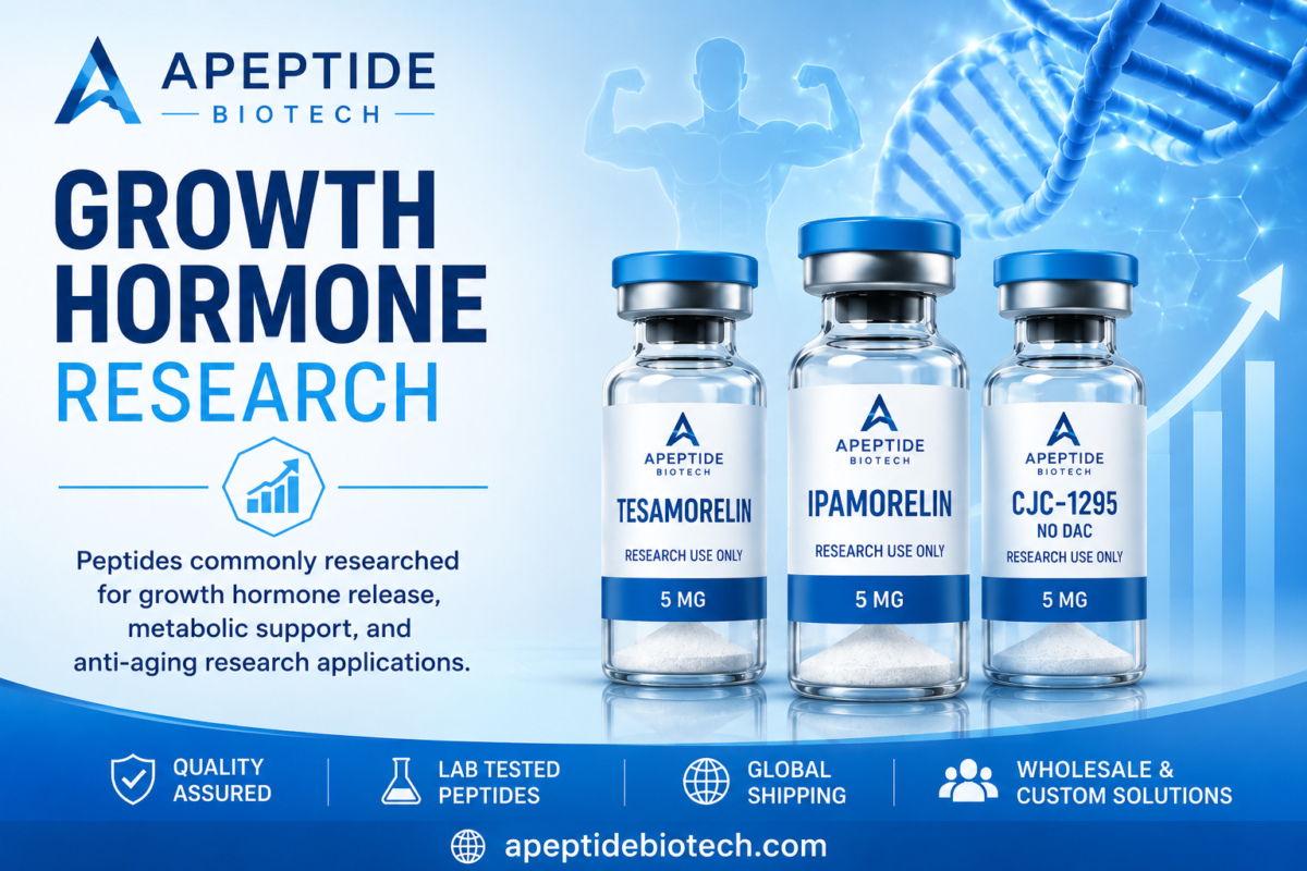 Growth hormone research peptides including Tesamorelin Ipamorelin and CJC-1295