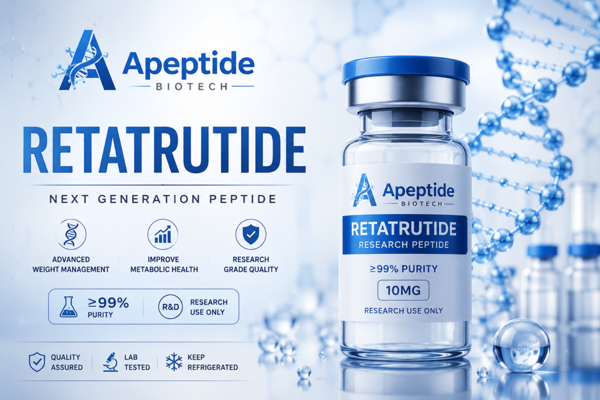 Retatrutide 10mg research peptide by Apeptide Biotech with 99 percent purity for laboratory research applications